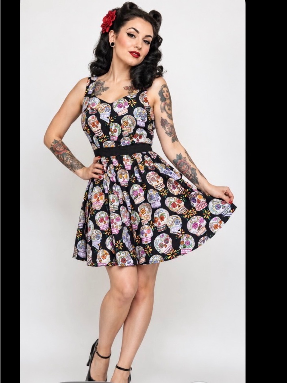 Sugar Skull Print Cotton Dress by‎ Hemet Sz Large